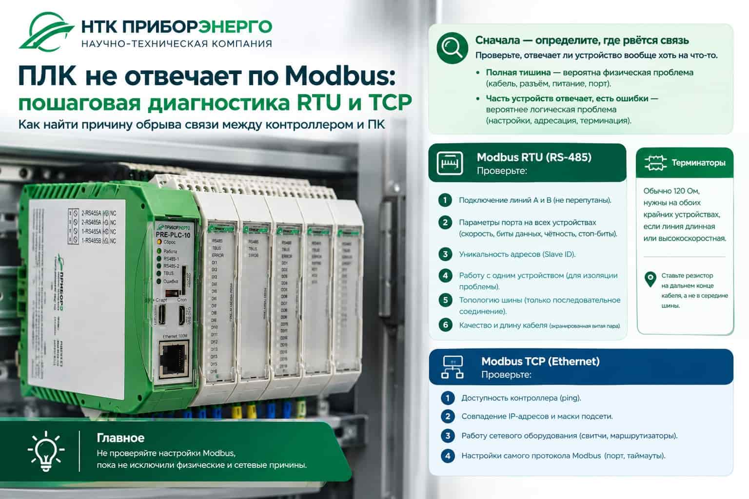 ПЛК не отвечает по Modbus: как найти причину обрыва связи RTU и TCP между контроллером и ПК